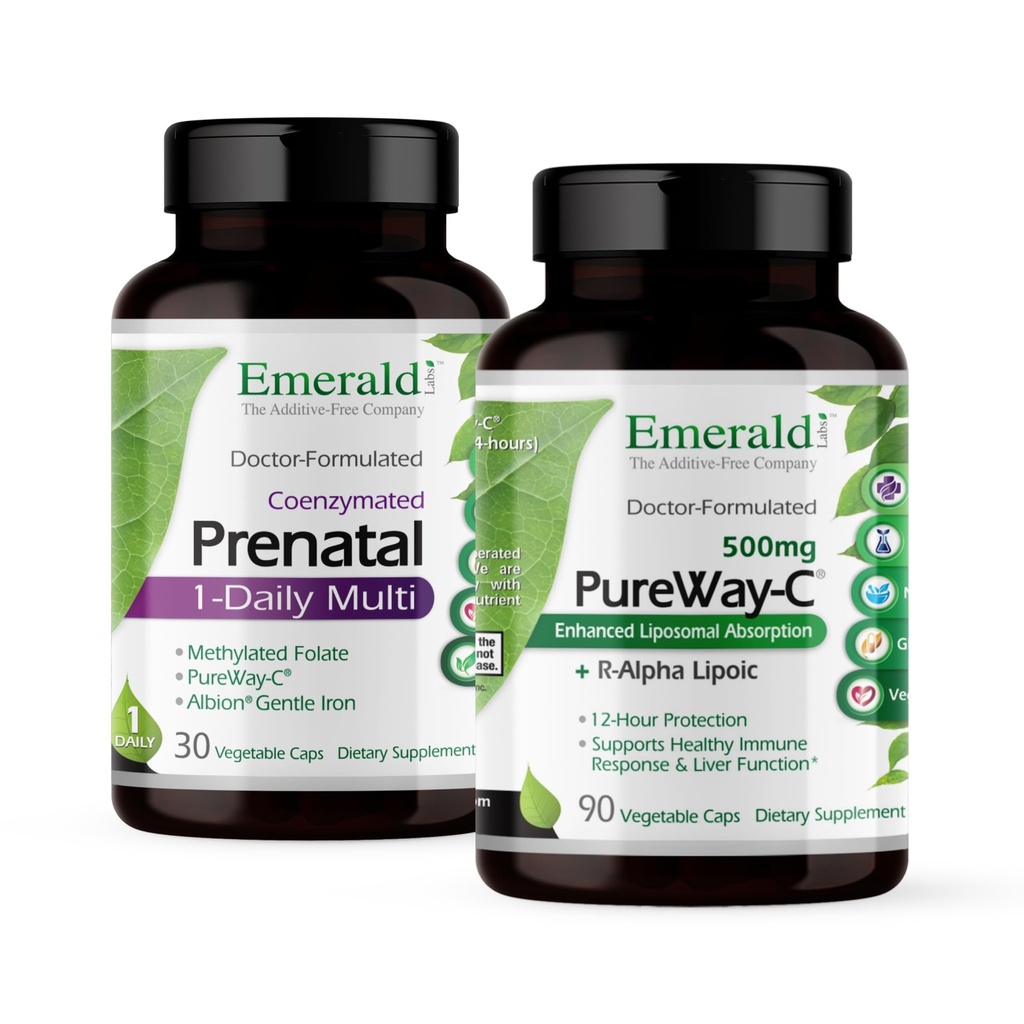 Emerald Labs Bundle with Prenatal 1-Daily Multi (60 Veg Caps) & PureWay-C (90 Veg Caps) - Prenatal Multivitamin with Methylated Folate, Iron & More* - Vitamin C Supplement with R-Alpha Lipoic Acid*
