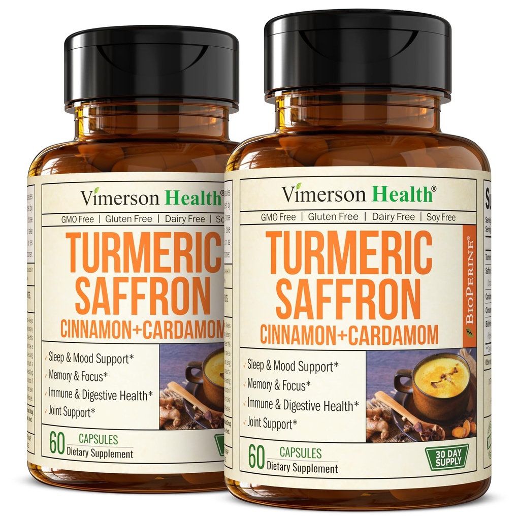 Saffron Supplements with Turmeric Curcumin, Saffron Extract (89mg), Ceylon Cinnamon, and Cardamom for Women and Men – Turmeric Supplement for Daily Inflammation, Mood & Joint Support – 60 Caps, 2 Pack