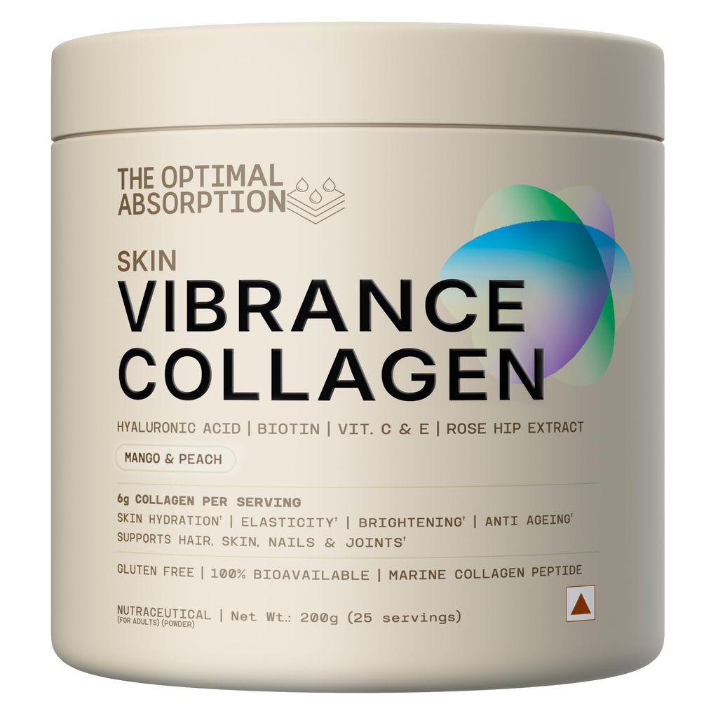 Skin Vibrance Collagen [Mango & Peach] | Hydrolysed Marine Collagen Supplement Powder for Skin, Hair, Joints & Nails Support [25 Servings, 200g]