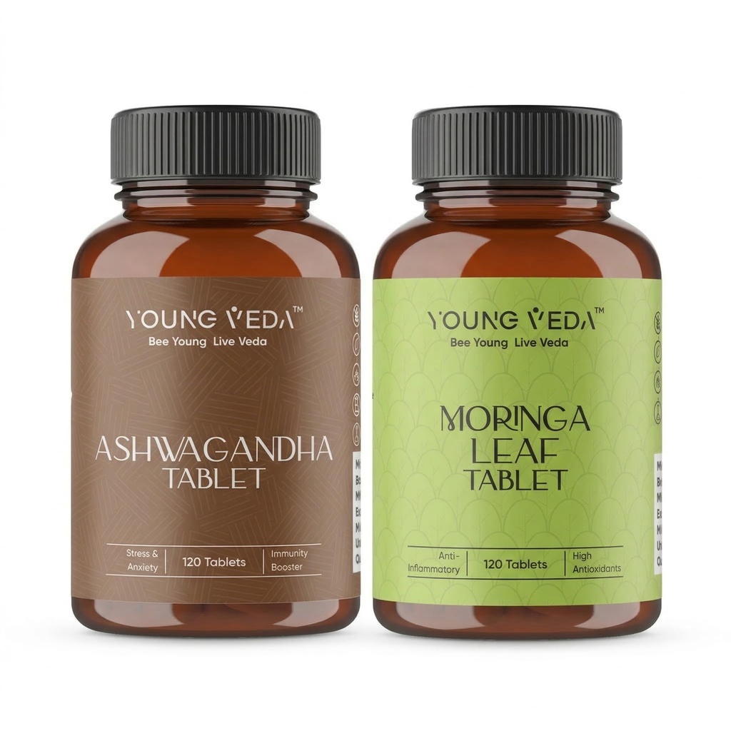 Young Veda Moringa Tablets | Drumstick Leaf Tablets |500 mg Natural Energy Booster|Daily wellness combo Ashwagandha+Moringa (120 Tablet +120 Tablet)
