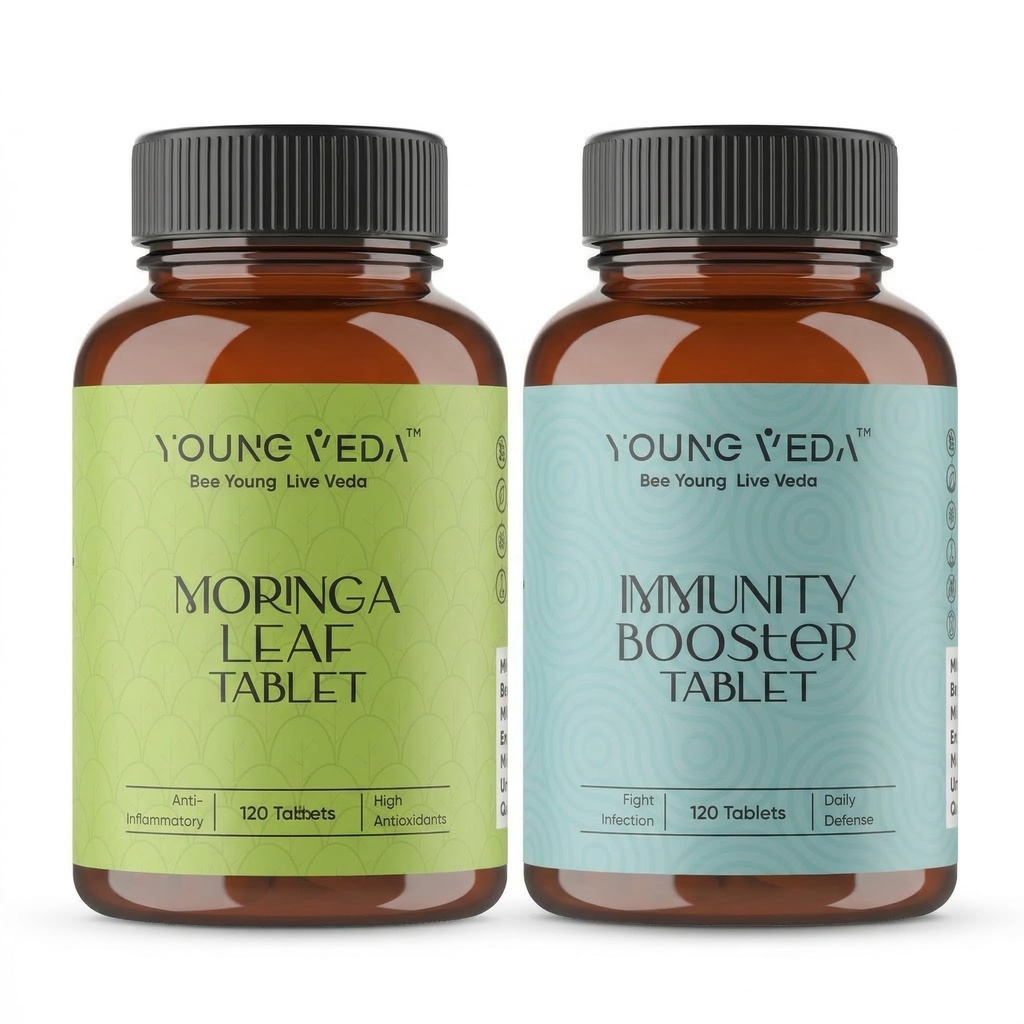 Young Veda Moringa Tablets | Drumstick Leaf Tablets | 120 Veg | 500 mg Natural Energy Booster|Daily Immunity |Helps Boost Immune Response, Relief From Cold, Cough| combo Moringa+Immunity booster pack of 1 (120 tab,120tab)