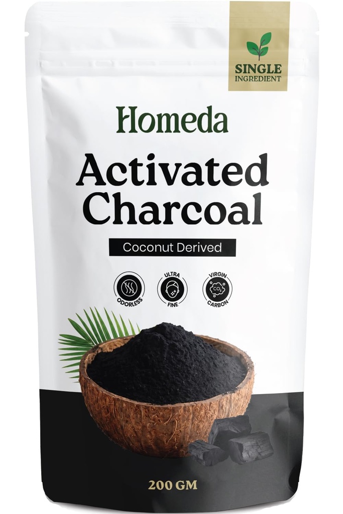 Activated Charcoal Powder (200g) Coconot Shell Charcoal for Teeth Whitening, Face pack, Hair, Soap Making - Food Grade, Vegan & Chemical-Free