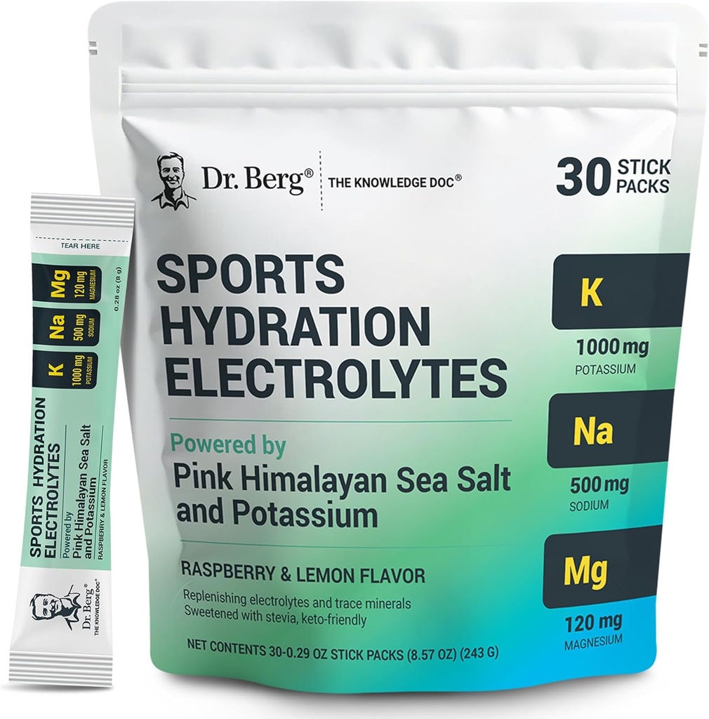 Dr. Berg Sports Hidrācija Elektrolītu pulveris w / More Sāls (Pink Himalayan) - 30 Keto Elektrolītu Pulveris Packets w / a Delicious Salty aveņu un citronu uzliesmojums - Ietver 1000mg kālija