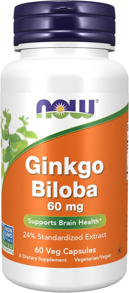 NOW Хранителни добавки, Ginkgo Boloba 60 mg, 24% стандартизиран екстракт, Non-GMO Project Verified, 60 Veg капсули