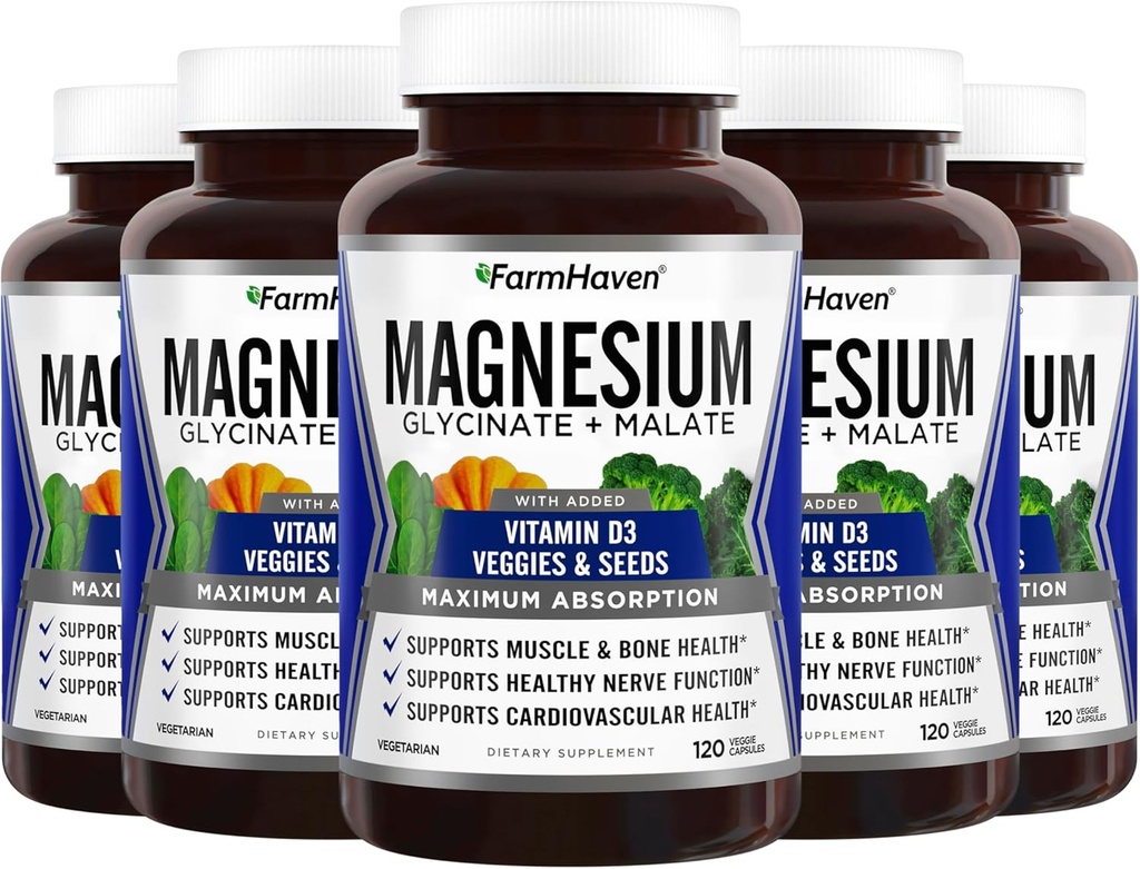 FarmHaven Magnesium Glycinate &amp; Malate Complex w/ Vitamin D3, 100% Chelated for Max Absorption, Vegan – Bone Health, Nerves, Muscles, 600 Capsules, 300 Days