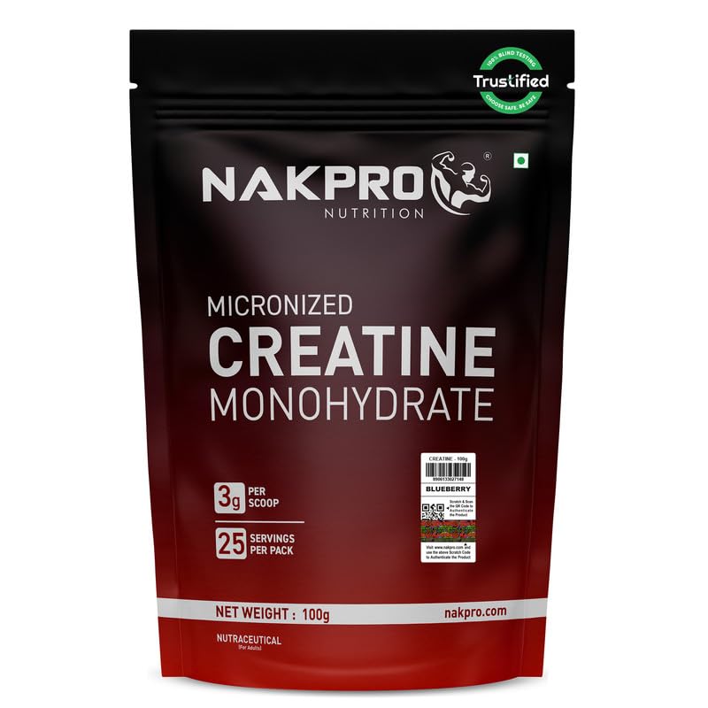 NAKPRO NUTRITION Micronised Creatine Monohydrate | 100g (25 Servings) | Blueberry | Trustified Certified | Rapid Absorption Pre/Post Workout