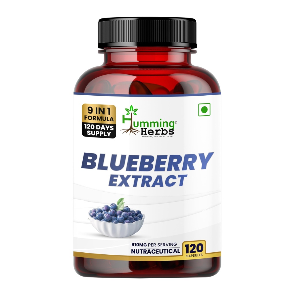 Humming Herbs Blueberry Extract 580mg with Lutein, Bilberry, CoQ10, Vitamin A, C, E, Zinc & Magnesium | 9-in-1 Daily Nutrition Blend | 120 Veg Capsules | Non-GMO & Gluten-Free