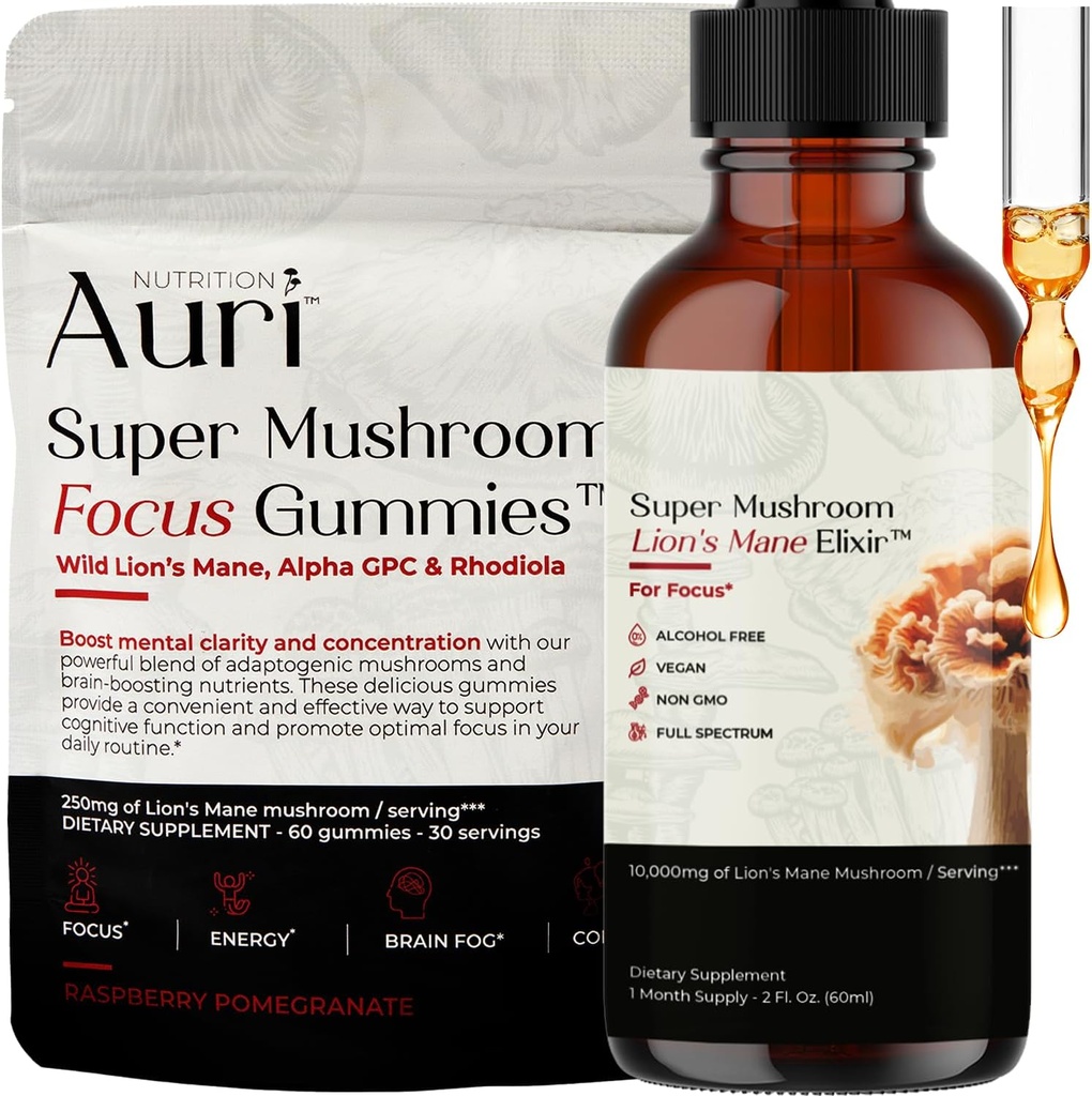 Auri Focus Gummies " Brain Boost Elixir Bundle - Super Mushroom Focus Gummies ' s Mane Liquid Elixir - Cognitive Function " Mental Clarity supplement - 60 Gummies and 60ml Elixir