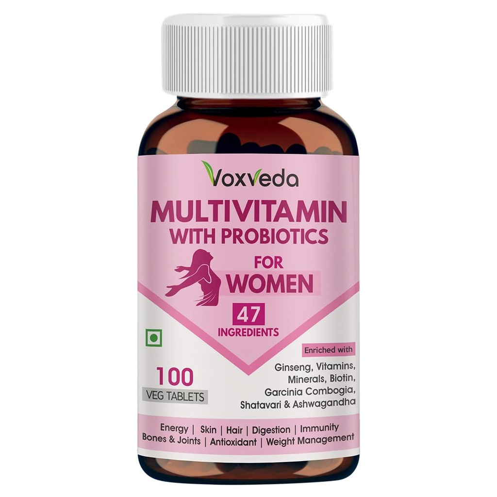 Voxveda's Multivitamin for Women - 47 Ingredients | Multivitamin With Probiotics | Multivitamin Tablets with Ginseng, Vitamins Minerals, Biotin, Shatavari, Ashwagandha (100 Veg Tablets)