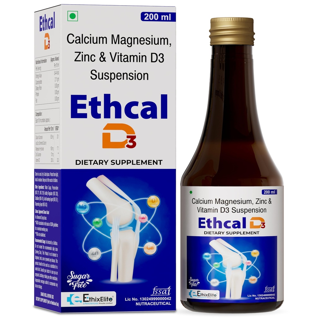 Ethcal D3 Calcium, Magnesium, Zinc & Vitamin D3 Syrup, 200 ml | Calcium Syrup for Women & Men | Magnesium Zinc Supplement With Vitamin D3 To Support Bones, Joints & Muscles, Joints & Immunity