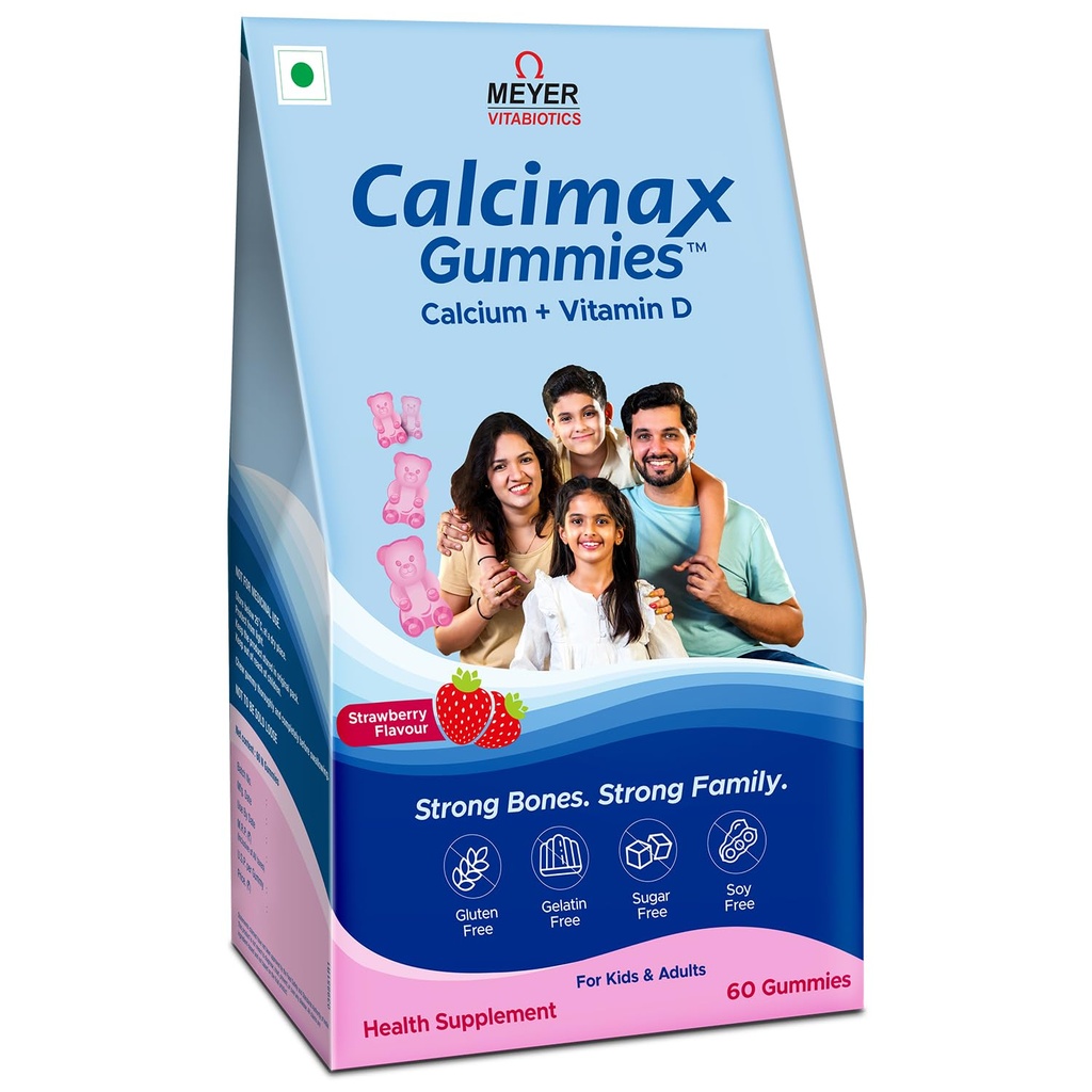 Calcium Gummies with Vitamin D for Kids & Adults | Kids: 125mg Calcium + 200 IU Vitamin D | Adults: 250mg Calcium + 400 IU Vitamin D | Sugar Free, Gelatin Free | Strawberry Flavour | Bone Health Supplement | 60 Gummies