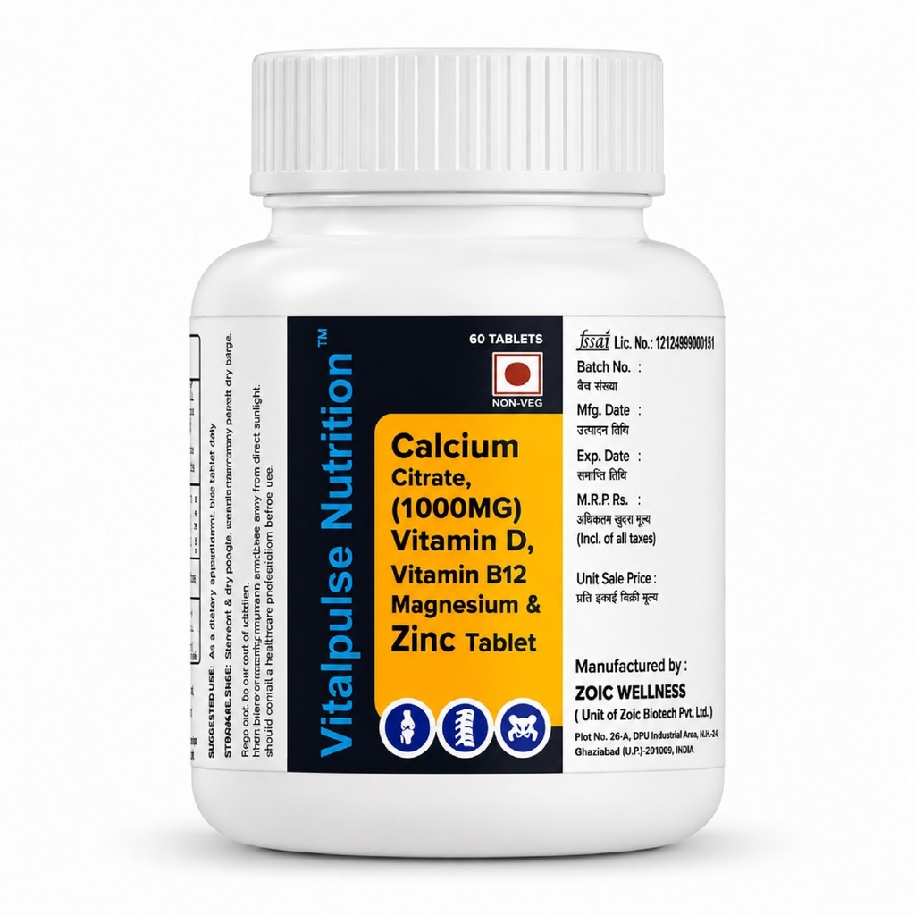 Calcium Citrate 1000mg with Vitamin D3, B12, Magnesium & Zinc | Bone & Muscle Health Supplement | 60 Tablets