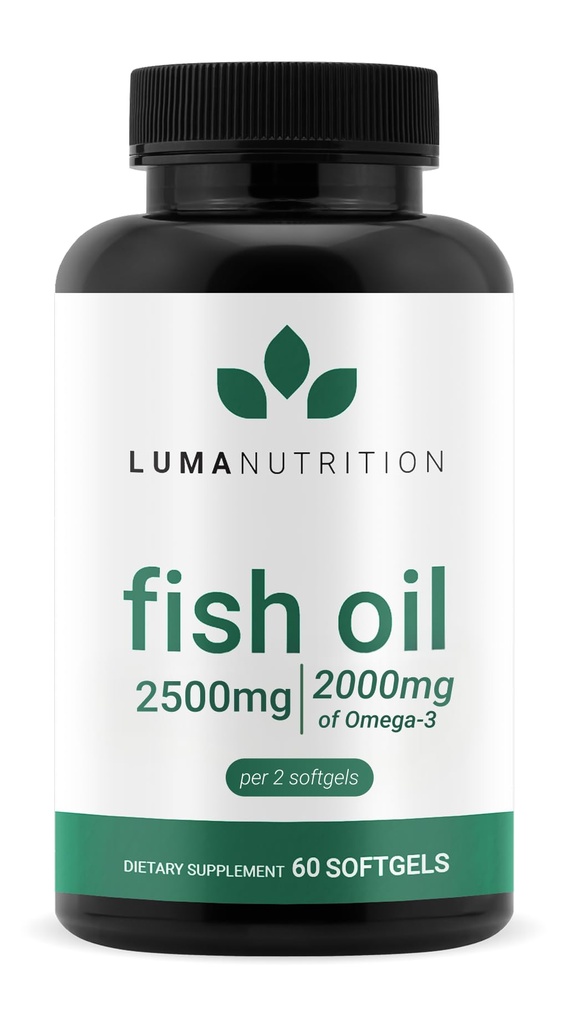 Luma Nutrition Omega 3 Fish Oil Supplement - Extra Strength 2500mg Per Serving - 2000mg EPA & DHA Per Serving - Brain and Heart Health - 60 Softgels, 30 Servings