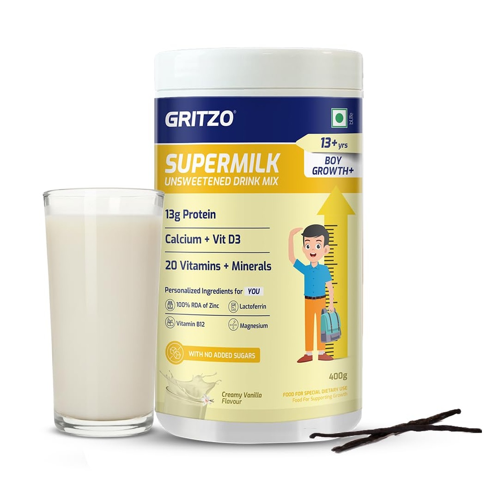 Gritzo SuperMilk Growth+ Unsweetened (13+ Boy), Creamy Vanilla, 400g