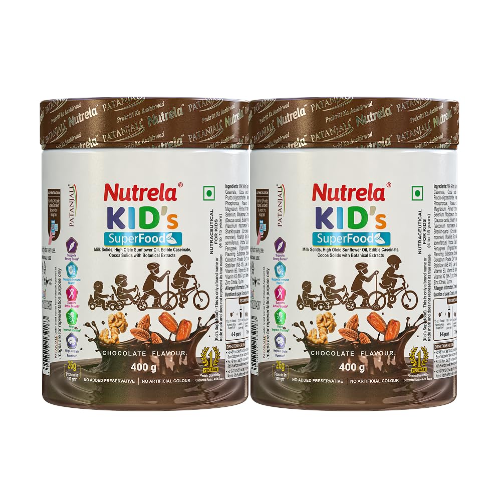 Nutrela Kids Protein Powder - 400g, Chocolate Flavour | Helps in Memory and Brain Development | Improve Muscle Mass, Bone and Teeth Strength | Ideal for 4 to 15 Years | Pack of 2