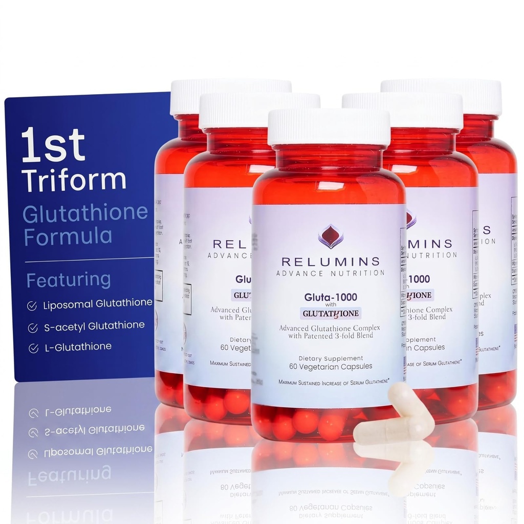Relumins L-Glutathione Supplement Complex – Wellness Gift for Mom - World’s Most Advanced Reduced Glutathione 1000mg with Alpha Lipoic Acid for Smoother & Brighter Skin, Made in USA – 60 Caps x 5 Bots