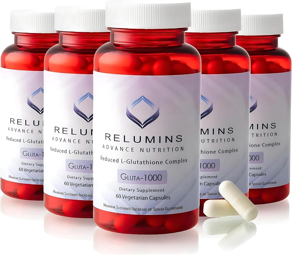 Relumins Llutaione suplementariment complex - Revertted Glotione 1000mmg amb àcid Alfa Lipoic & Rose HIPS Capsules per a l' aparença suau i suau, 60 Caps x 5 ampells
