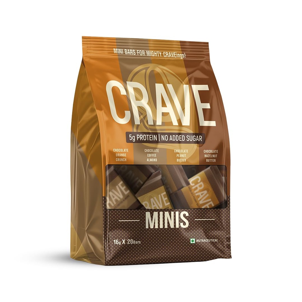 Green Protein - Mini Crave Plant Protein Bars (Pack of 20) | 5g Protein, Zero Added Sugar, High in Fiber | Crunchy Wafer Bar | Decadent Sugar-Free Chocolate, Creamy Nut Butters | Healthy Snacks for Kids & Adults | Tastes like a Cheat Meal | 100% Vegetarian | No Palm Oil | 320g
