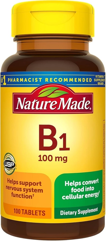 Nature Made Vitamin B1 100 mg, Dieetsupplement voor Energie Metabolisme Ondersteuning, 100 tabletten, 100 dagen levering.