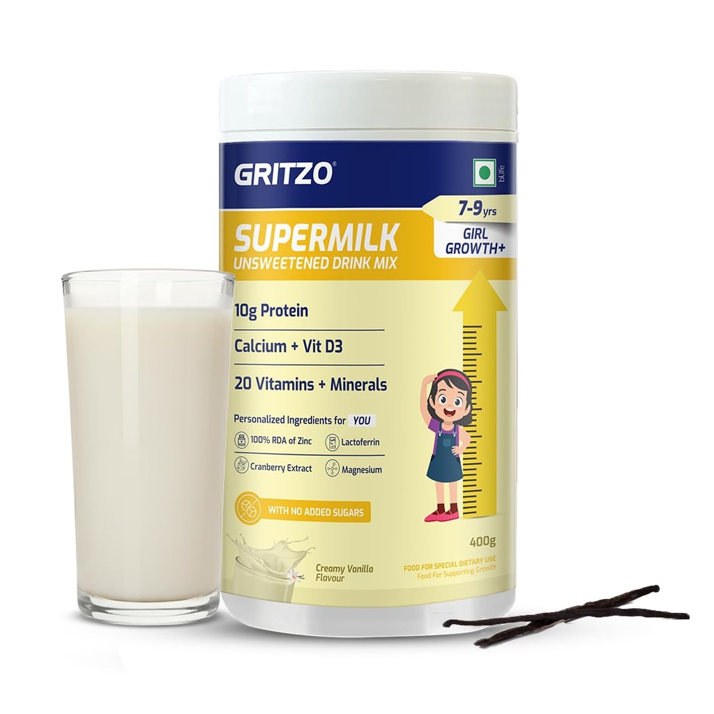 Gritzo SuperMilk Growth+ Unsweetened (7-9y Girl), Creamy Vanilla, 400g