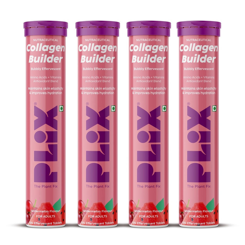 PLIX - THE PLANT FIX Collagen Builder Bubbly Effervescent-15 Capsules (Pack Of 4,Watermelon) For Hydrated Skin & Anti-Aging|Amino Acid Blend For Collagen Production|Vitamin C & E|100% Vegan,4 Count