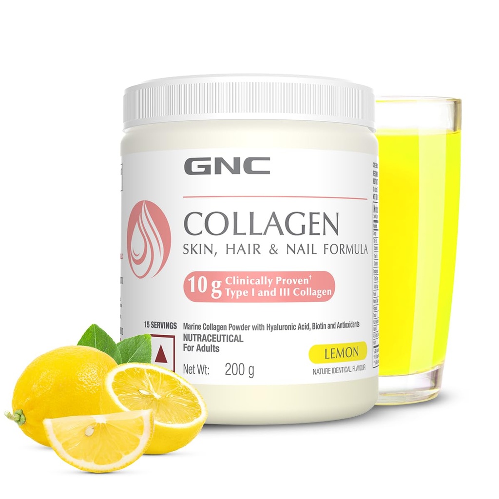 GNC Marine Collagen I India's Only 10g Clinically Proven Collagen (200g) I For Radiant & Youthful Skin|Reduces Fine Lines & Wrinkles|Added Hyaluronic Acid|Biotin & Vitamin C|Lemon Flavour-Powder