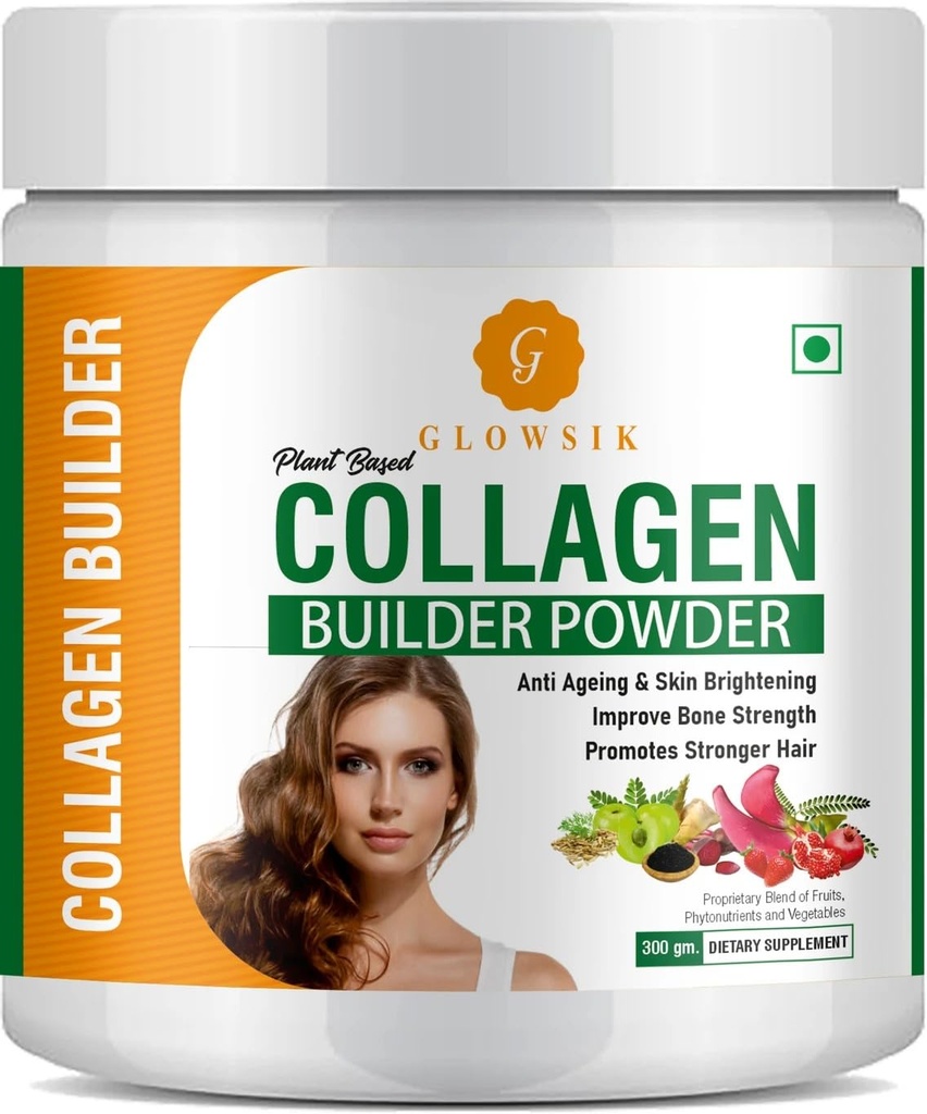Glowsik Plant Based Collagen Builder Powder | Herbal Collagen Booster for Skin Brightening, Anti Ageing Support, Hair Growth & Bone Strength | Fruity Nutrient Blend | Dietary Supplement for Men & Women (300 Grams)