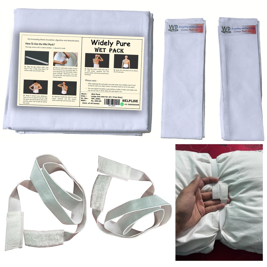 Widely Pure Wet pack cotton patti set satvik for head, neck, knees and abdomen with Elastic Velcro straps improved model