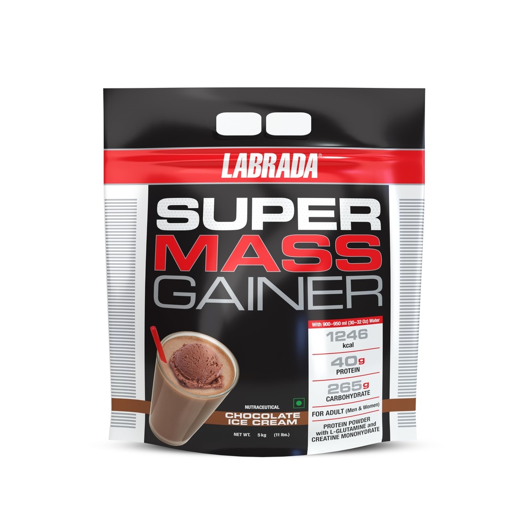 Labrada Super Mass Gainer Weight Gainer Powder | 40g Protein & 256g Carbs per Serving | High Calorie Muscle Mass Gainer for Weight Gain & Muscle Building | Chocolate Ice Cream Flavor | 5kg