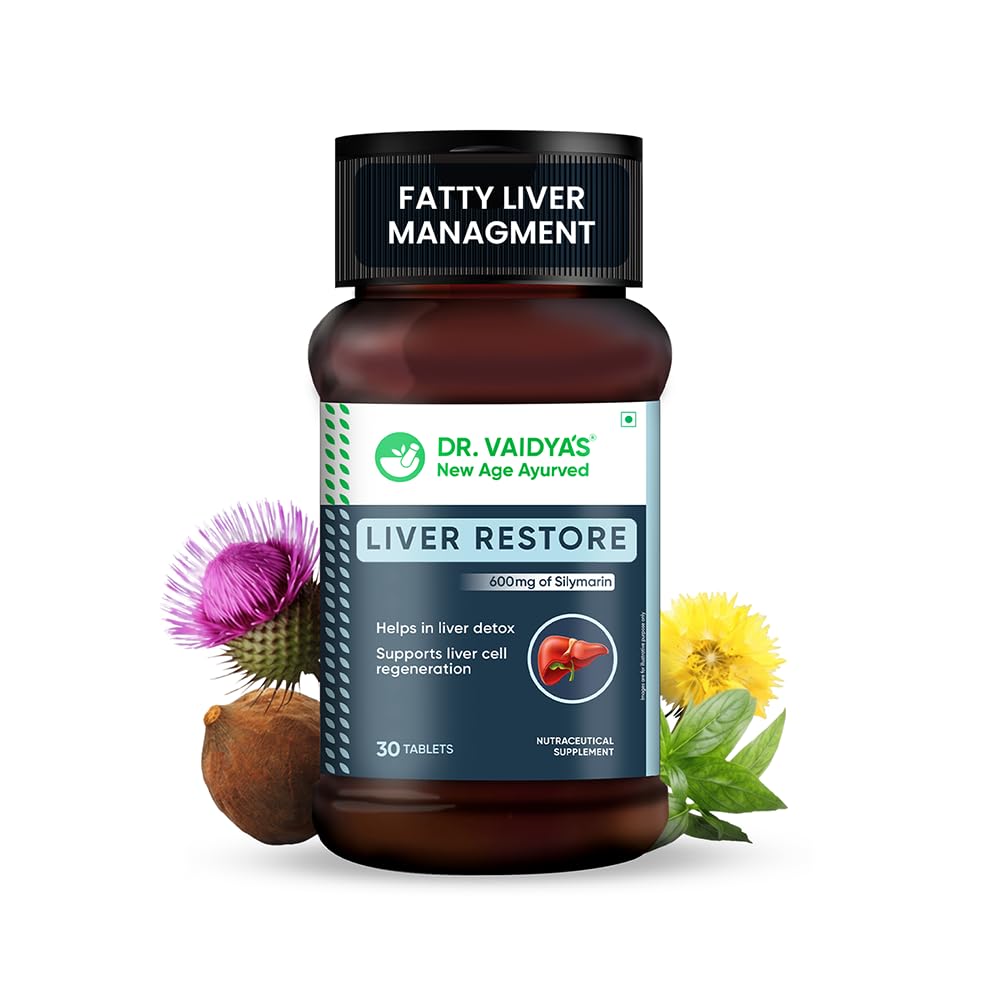 Dr. Vaidya’s Liver Restore Tablets with Milk Thistle and Dandelion | 600mg Silymarin | Ayurvedic Liver Detox & Care Supplement | Supports Liver Health, Cleansing, Digestion & Metabolism | 30 Tablets, Pack of 1
