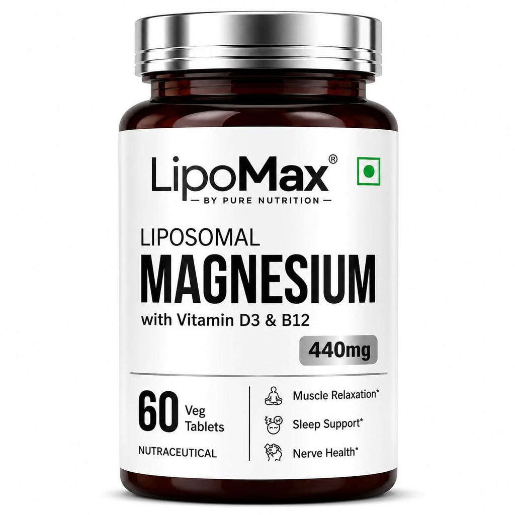 LipoMax Liposomal Magnesium Glycinate Supplement 440mg With Vitamin D3 & B12 | Magnesium Tablets For Muscle Relaxation, Sleep Support & Nerve Health - 60 Veg Tablets