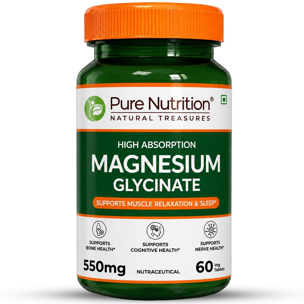 Pure Nutrition Magnesium Glycinate 550mg - 60 Tablets | High Absorption Magnesium Supplement for Daily Wellness | Supports Muscle Relaxation, Sleep & Nerve Function