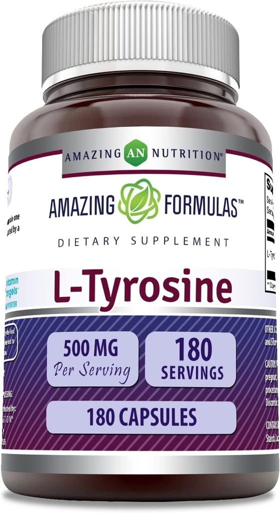 神奇的L-Tyrosine 氨基酸补充剂 + 500 Mg 每服180 Capsules → 非GMO → Gluten-free → 美国制造