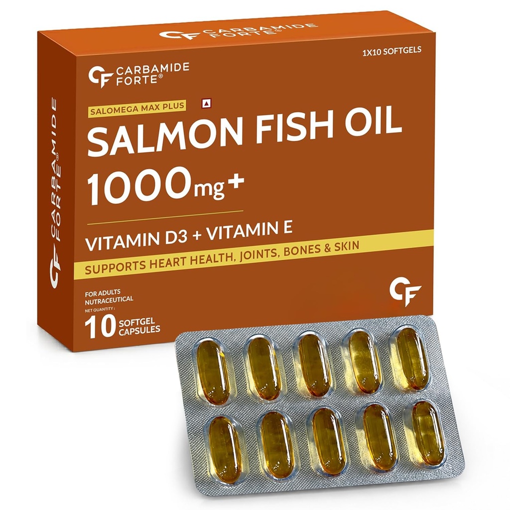 Carbamide Forte Salmon Omega 3 Fish Oil Capsules | Salmon Fish Oil Omega 3 Capsule 1000mg For Men & Women | Omega3 Fishoil Supplement For For Heart, Joints, Bones & Skin - 10 Softgels