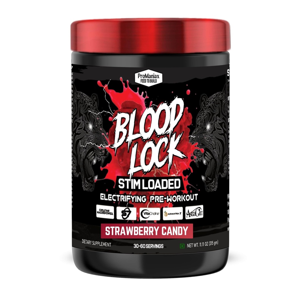 Blood Lock Stim Loaded Pre-Workout | High Potency Energy, Focus & Muscle Pump | 60 Servings (315GM) Strawberry Candy Flavor