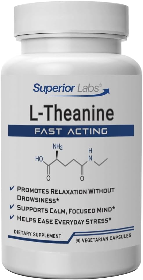 Superior Labs L-Theanine 250 mg Capsules, Pure Non-GMO Suntheanine, Filler-Free, Promotes Relaxation & Stress Relief, Supports Healthy Sleep, Improved Focus and Attention, High Absorption, 90 Veg Caps