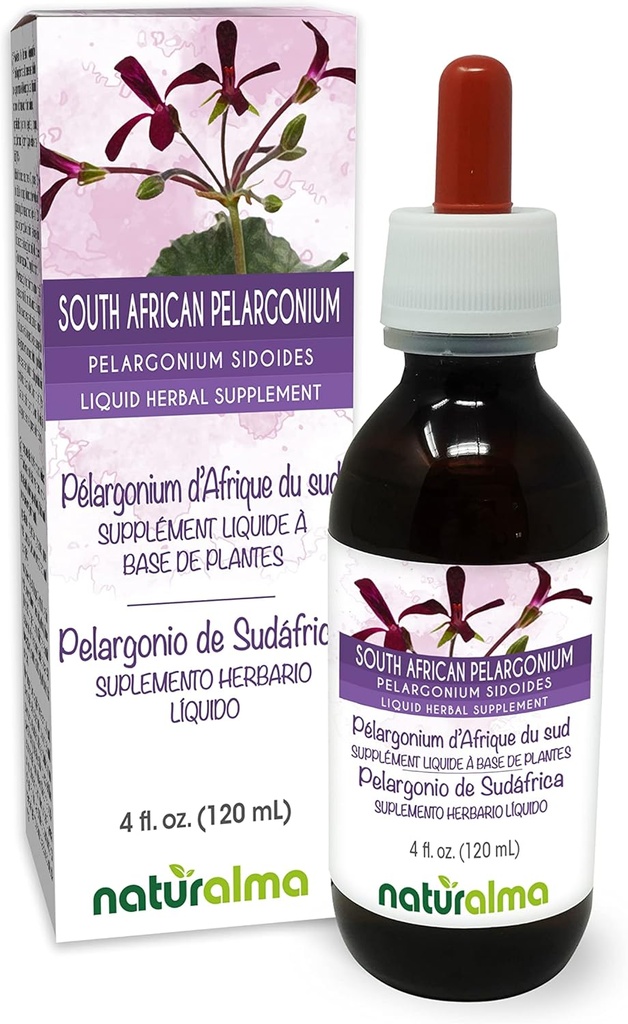 Naturalma Hego Afrikako Pelargonium edo Umckaloaba (Pelargonium sidoides) Erro Alkoholik gabeko Tinktura - 4 fl oz Liquid Erauzketa Tantetan - Herbal osagarria - Vegan