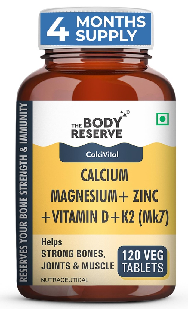 The Body Reserve Calcium, Magnesium, Zinc with Vitamin K2, MK7 & B12 – 120 Tablets for Bone & Joint Health (4-Month Pack)