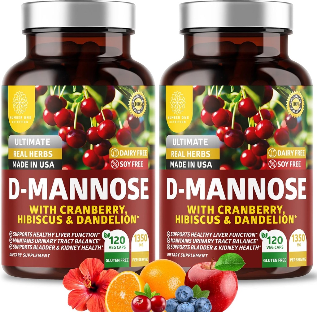Número 1 Nutrition Premium D Mannose suplementari per a dones i homes [Max La força, 1350MG] Natural D-Mannese amb Cranberry, Hibiscus i Dandelion for Urinary Tract Health, 240 comte