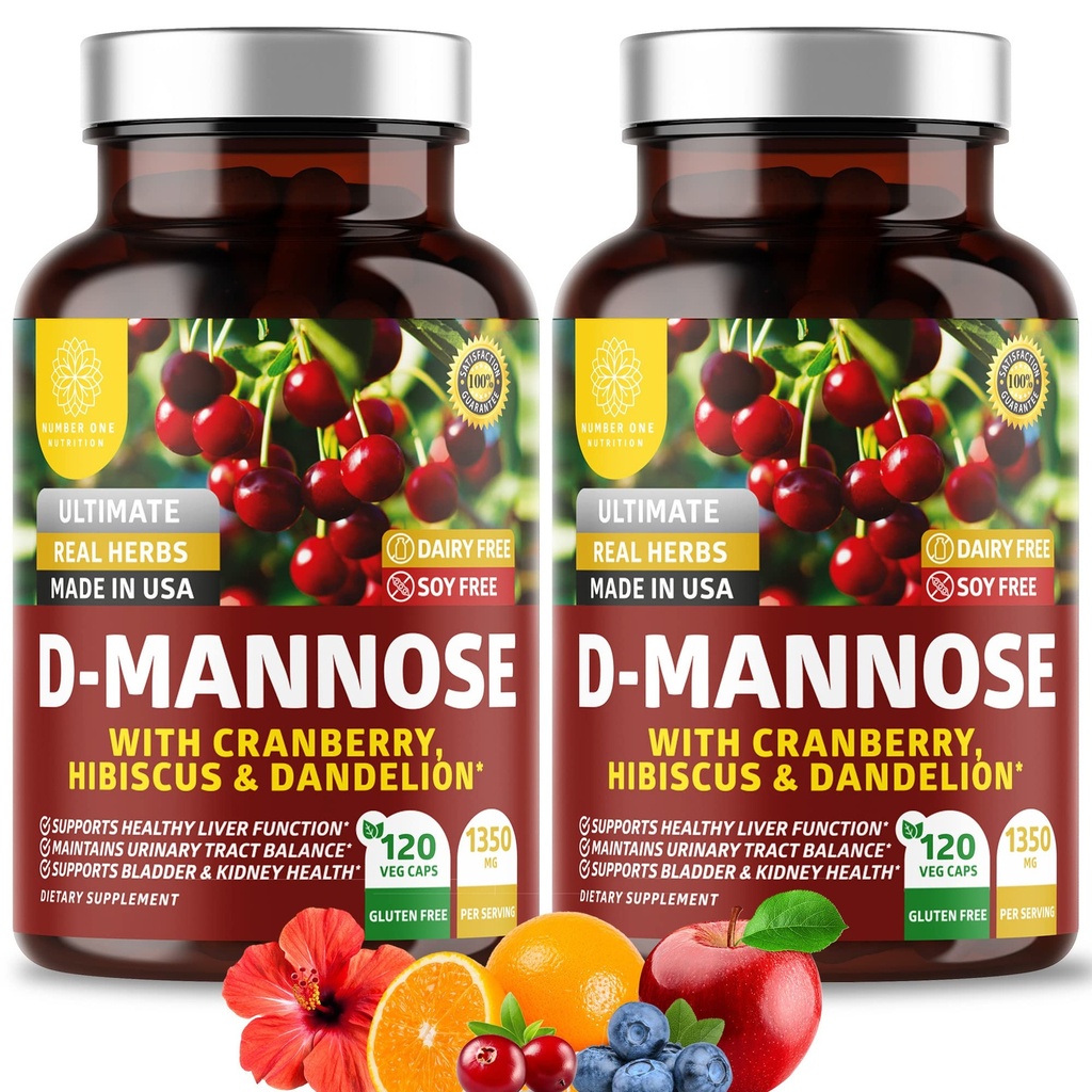 Premium D Mannose Supplement for Women and Men [Max Strength, 1350MG] Natural D-Mannose with Cranberry, Hibiscus and Dandelion for Urinary Tract Health, 120 Count (120 Count (Pack of 2))
