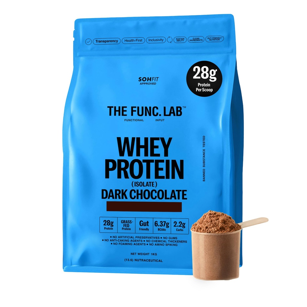 The Func. Lab Whey Protein Isolate - Dark Chocolate | 1kg | Grass‑Fed, 28g Protein, 6.37g BCAA per Scoop | High Protein Supplement for Muscle Growth, Digestion and Absorption Support