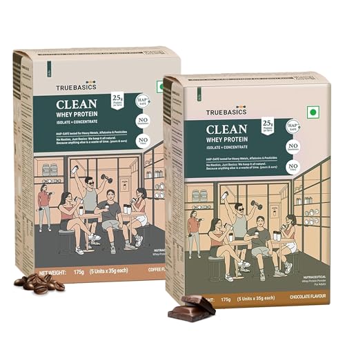 TrueBasics Clean Whey Protein Powder Blend, Chocolate & Coffee, 10 Sachets
