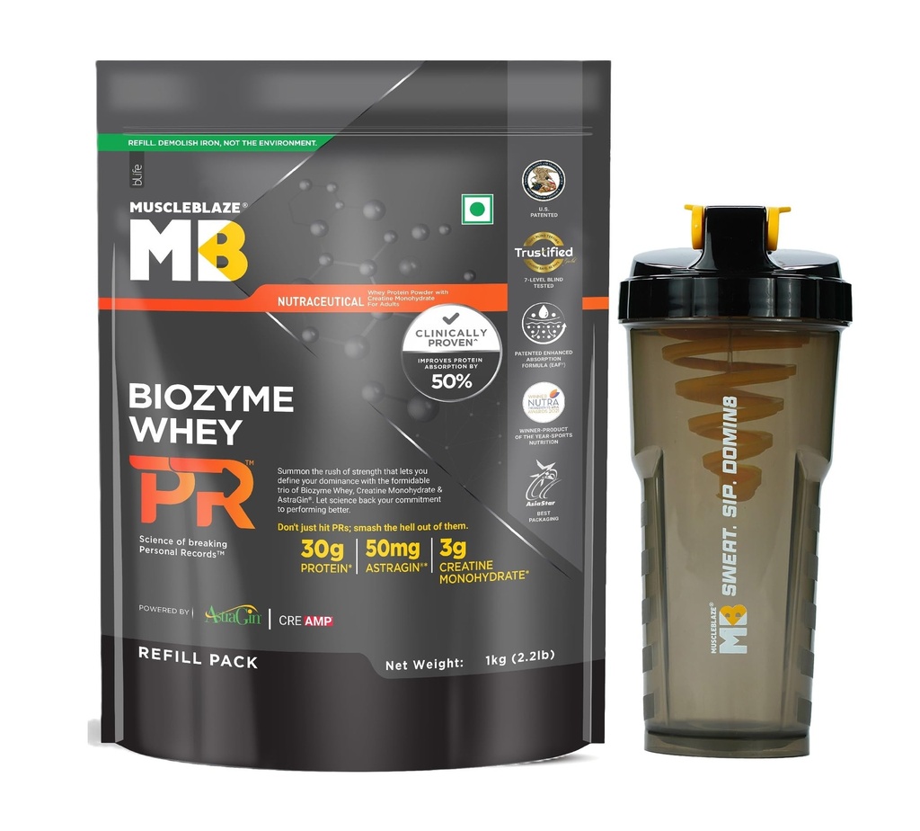 MuscleBlaze Biozyme Whey PR Protein Powder, 1kg (2.2lbs)