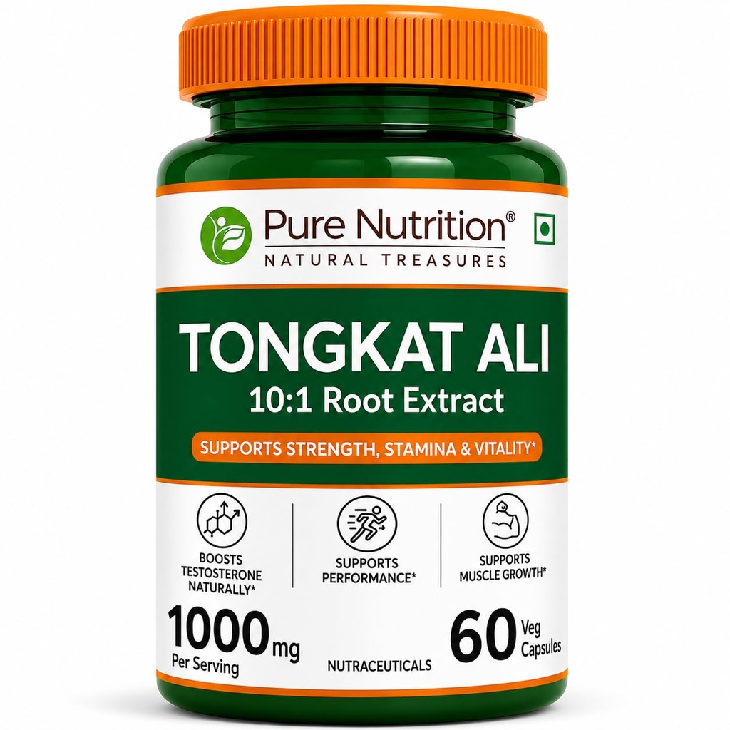 Pure Nutrition Organic Tongkat Ali 1000mg | Tongkatali Capsules for Men Supports Male Wellness | Boosts Energy, Immunity & Stamina | Enhances Stress Tolerance | Natural Herbal Supplement | Gluten-Free - 60 Veg Capsules