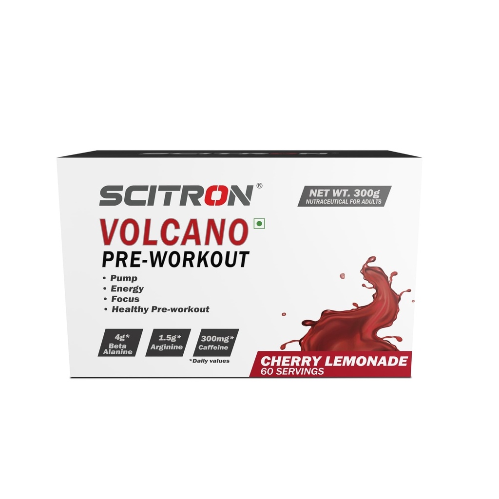 Scitron Volcano Pre Workout 300g - (60 Servings | 4g Beta Alanine | 1.5g Arginine | 300mg Caffeine | 0g Sugar | Boost Energy & Focus| Healthy Pre-workout) (Cherry Lemonade)