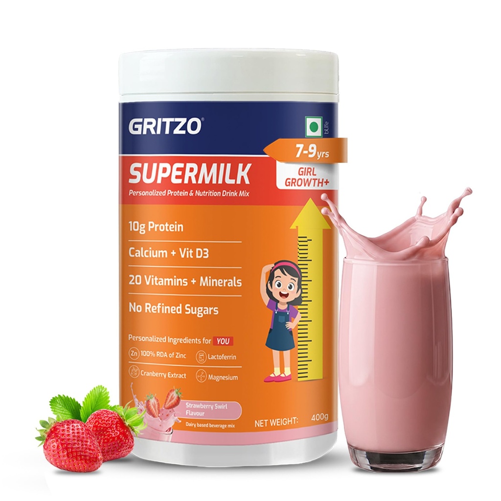 Gritzo SuperMilk Growth+ (7-9y Girl), Strawberry Swirl, 400g