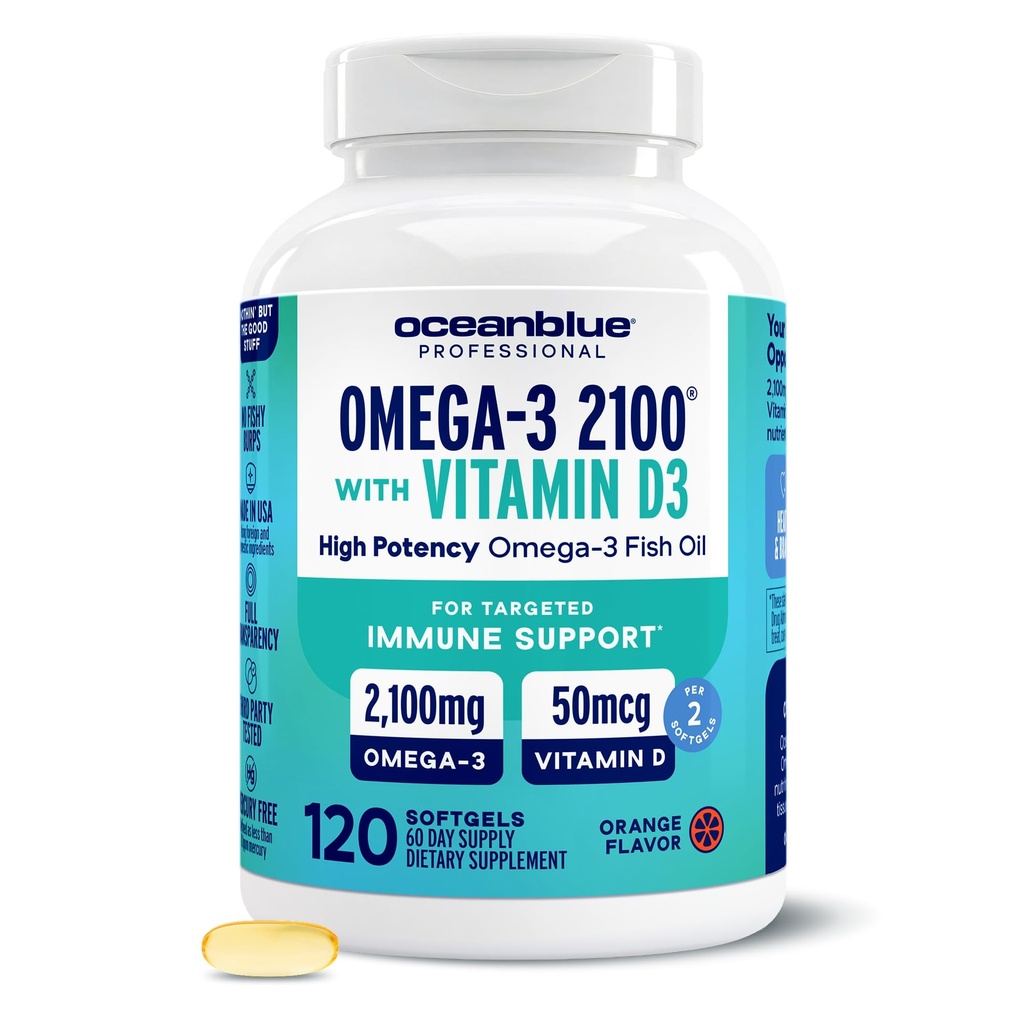 Oceanblue Professional Omega-3 2100 with Vitamin D3 – 120 ct – Triple Strength Burpless Fish Oil Supplement with High-Potency EPA, DHA, DPA and Vitamin D3 – Wild-Caught – Orange Flavor (60 Servings)