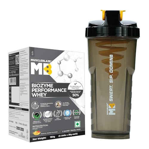 MuscleBlaze Biozyme Performance Whey Protein Powder, 5 Sachets + Shaker