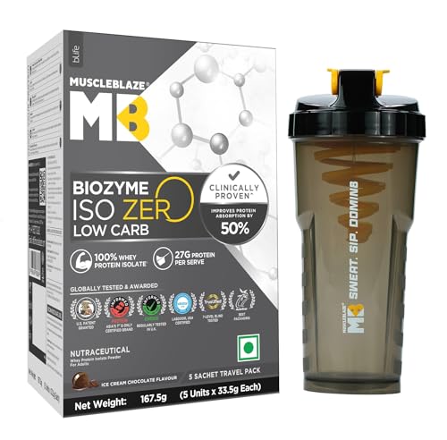 MuscleBlaze Biozyme Iso-Zero Whey Protein Isolate Powder,5 Sachets + Shaker