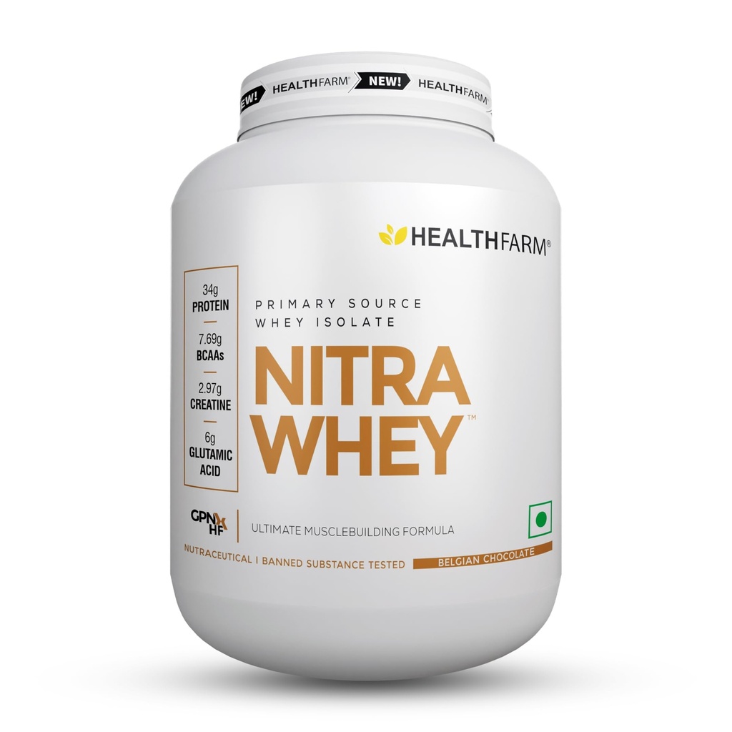 Healthfarm Nitra Whey Protein | 34g Protein Per Serving & 3g Added Creatine | Blend of Isolate & Concentrate Protein (Belgian Chocolate, 2kg)